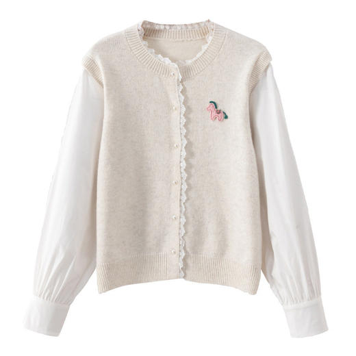 「自」全新升级【铂金会员192/天猫259/差价67】(02211)洛诗琳设计感花边针织开衫2026春季新款衬衫袖拼接毛衣外套 商品图4