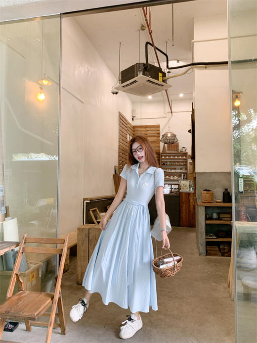 <曾小咸推荐>polo领短袖连衣裙女夏季巨好看显瘦a字收腰连身长裙子 商品图11