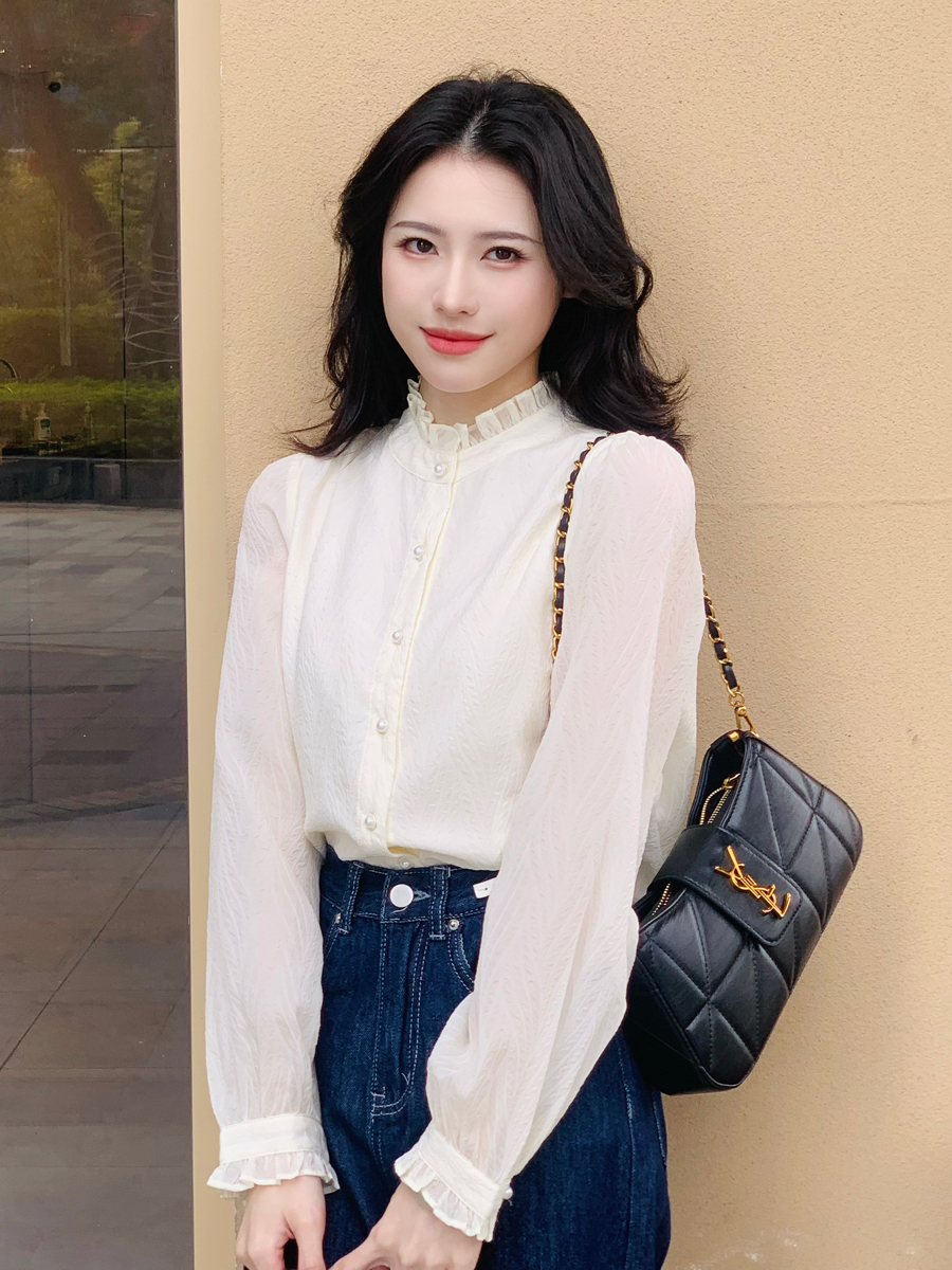 【百图定制】【白月光衬衫】木耳边衣领 设计感长袖花边立领 衬衫