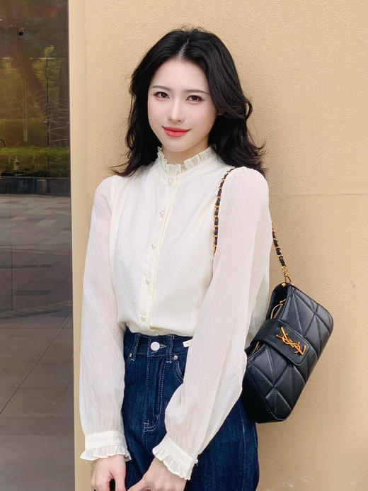 【百图定制】【白月光衬衫】木耳边衣领 设计感长袖花边立领 衬衫 商品图0