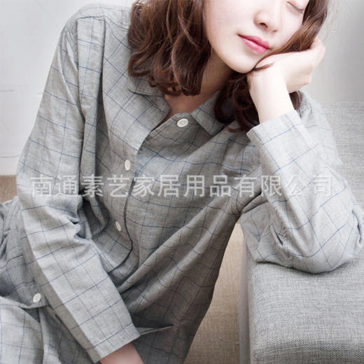 无印家居服良品纯棉格纹家居服双层纱睡衣长袖全棉家居服男款女款 商品图2