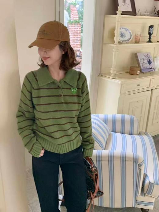 F030665韩系可爱绿色条纹宽松微短款针织Polo衫 商品图2