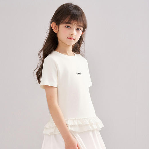 笛莎/Deesha 【松饼熊】2026年夏季新款女童甜美设计感拼接木耳边短袖T恤 商品图1