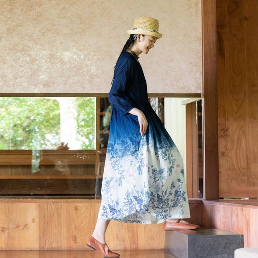 艺术家联名款 牧衣游原创手作植物吊蓝染印花苎麻连衣裙宽松 云深 商品图0