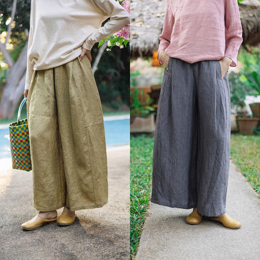 特绽放115朵/自在*色织亚麻全腰松紧宽松阔腿裤女松弛感休闲长裤 商品图0