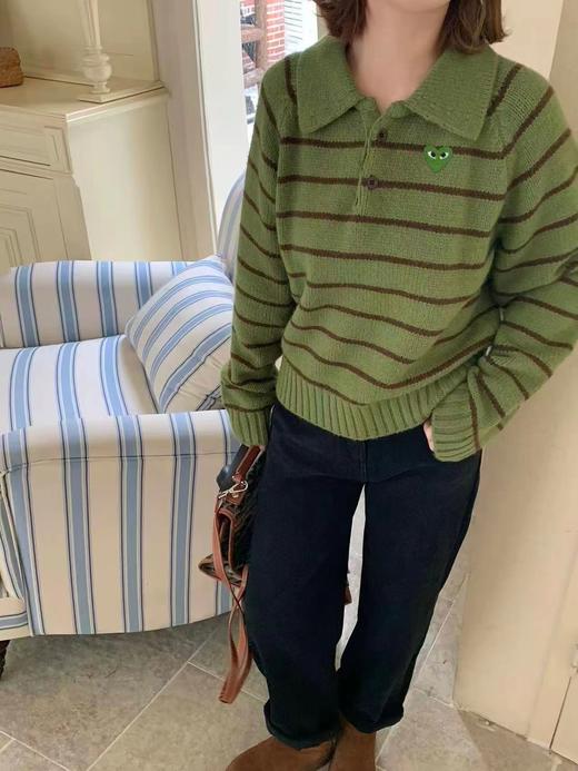 F030665韩系可爱绿色条纹宽松微短款针织Polo衫 商品图1