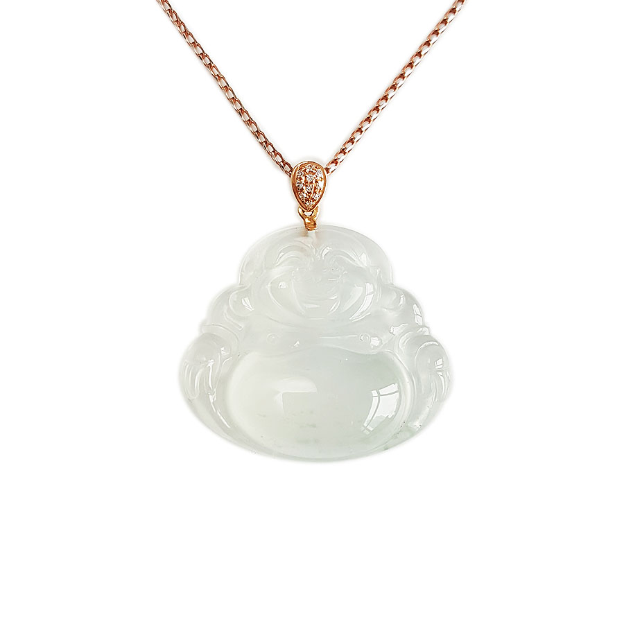 【天然正品】A货翡翠AU750收藏级玫瑰金镶钻镶天然细腻青白色高冰种起荧佛公翡翠吊坠项链 34.2*30.9*7.9MM（皆取最大值）40CM 270226NJS08