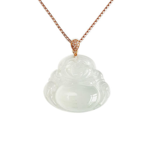 【天然正品】A货翡翠AU750收藏级玫瑰金镶钻镶天然细腻青白色高冰种起荧佛公翡翠吊坠项链 34.2*30.9*7.9MM（皆取最大值）40CM 270226NJS08 商品图0