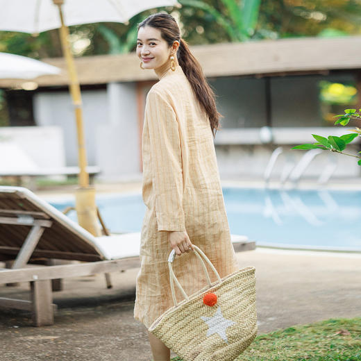 特绽放125朵/岁月静好*色织亚麻条纹新中式立领斜襟七分袖连衣裙 商品图2