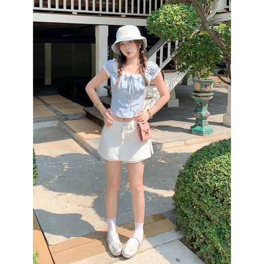 <曾小咸推荐>韩系格子拼接蕾丝泡泡袖衬衫 商品图4