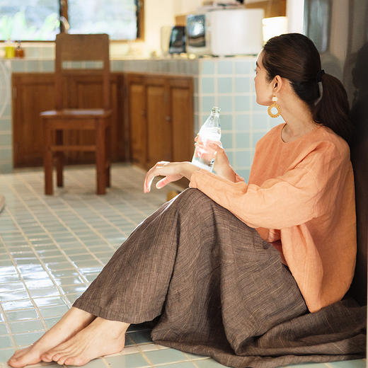 绽放158朵/亚麻成衣染色圆领落肩长袖T恤女宽松显瘦新款小衫百搭 商品图1
