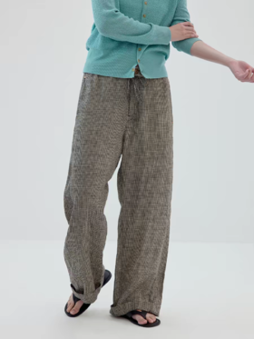 Simple Project/K2622/细格亚麻橡筋抽绳直筒裤