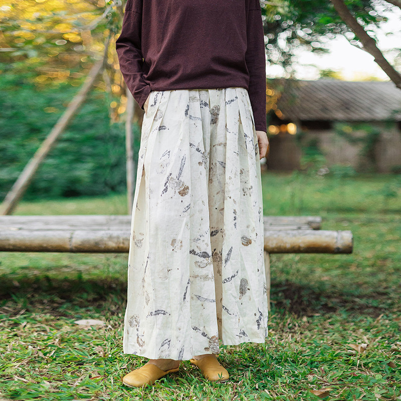 绽放160朵/亚麻数码印花植物拓印武士裤百搭阔腿裤女新款休闲裤