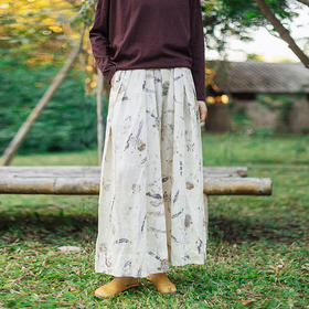 绽放160朵/亚麻数码印花植物拓印武士裤百搭阔腿裤女新款休闲裤