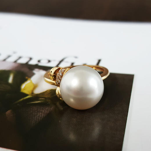 【天然正品】AU750黄金镶钻镶天然近完美约11MM澳白海水珍珠戒指 14号（戒圈可改）280226NJT20 商品图4
