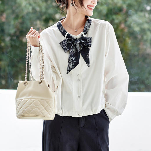 带丝巾白衬衫女长袖2026春装新款设计感小众上衣女式宽松纯棉衬衣   MJ-512015 商品图2