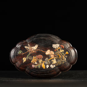 清	红木百宝嵌花鸟纹海棠形盖盒