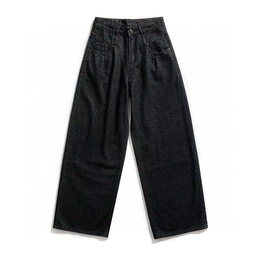 F030680做旧黑灰色高腰设计豹纹慵懒阔腿牛仔裤 商品图0