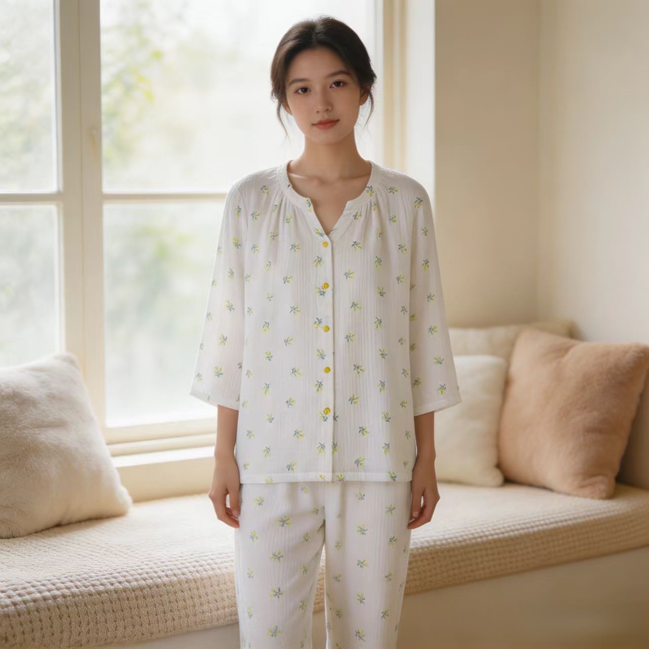 【棉纱竹纤维】SCHIESSER德国舒雅女夏季新款透气吸汗七分袖九分裤套装棉竹纤维双层纱布  50%棉 50%竹纤维 31/26510H