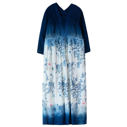 艺术家联名款 牧衣游原创吊蓝染手绘印花连衣裙纯棉禅意古朴 欣化 商品图4