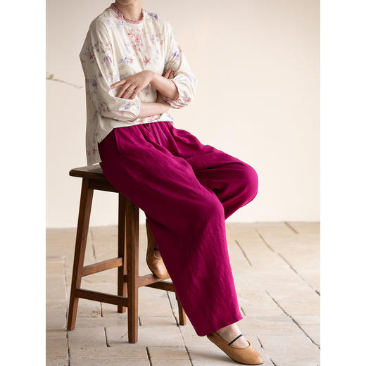 牧衣游原创 汉麻休闲长裤女新款宽松柔软禅意百搭松紧腰长裤 茶午 商品图3