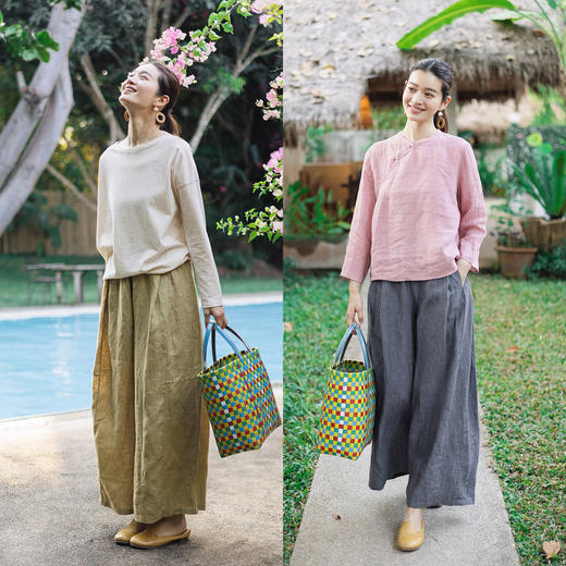 特绽放115朵/自在*色织亚麻全腰松紧宽松阔腿裤女松弛感休闲长裤 商品图3