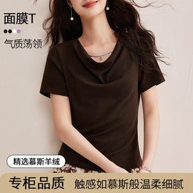 精仿羊绒美拉德复古咖色短袖t恤女高级感荡领修身内搭打底衫上衣  BY-W34