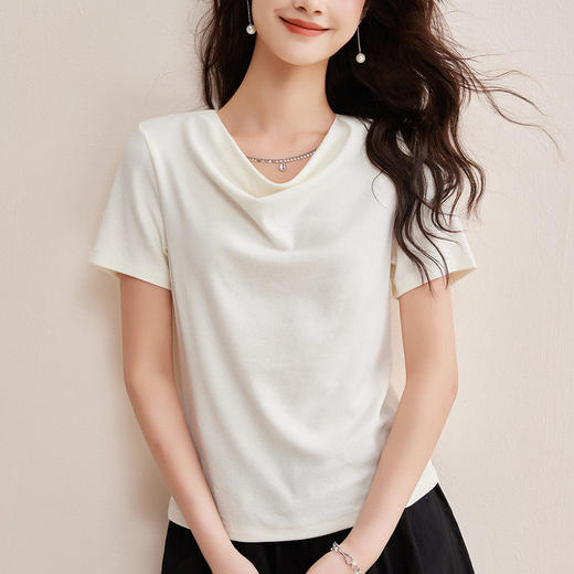 精仿羊绒美拉德复古咖色短袖t恤女高级感荡领修身内搭打底衫上衣  BY-W34 商品图1