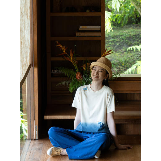 牧衣游原创 手工刺绣吊染T恤女新款舒适宽松休闲百搭短袖 山鸟作 商品图3