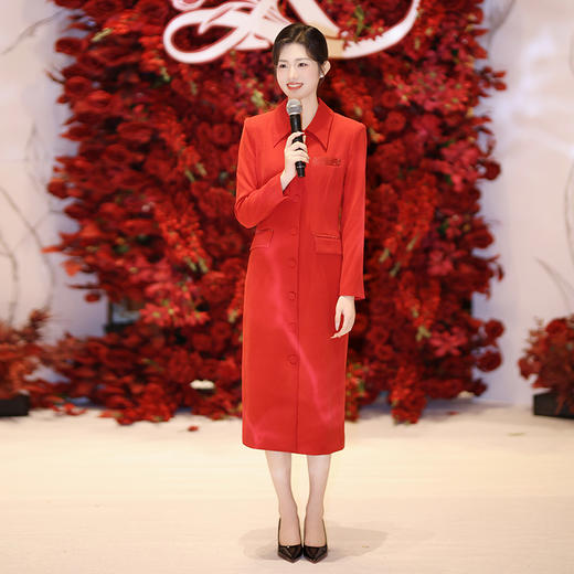 法小曼*子珍扶摇系列醋酸西装连衣裙女红色中国风年会礼服长款大红色裙子秋冬 FYQ566 商品图0