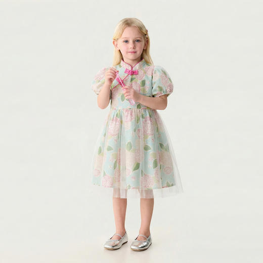 马克珍妮绣球花园女童亚麻旗袍连衣裙2026年夏装新款561029 商品图1