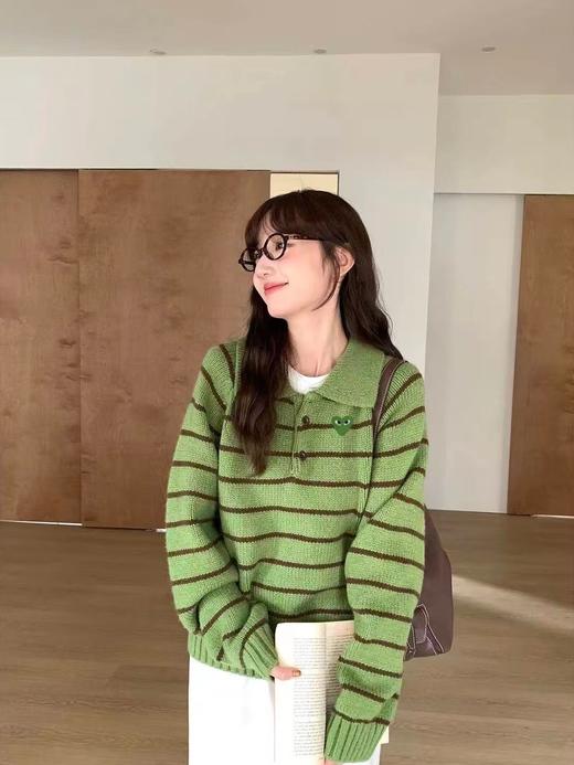 F030665韩系可爱绿色条纹宽松微短款针织Polo衫 商品图3