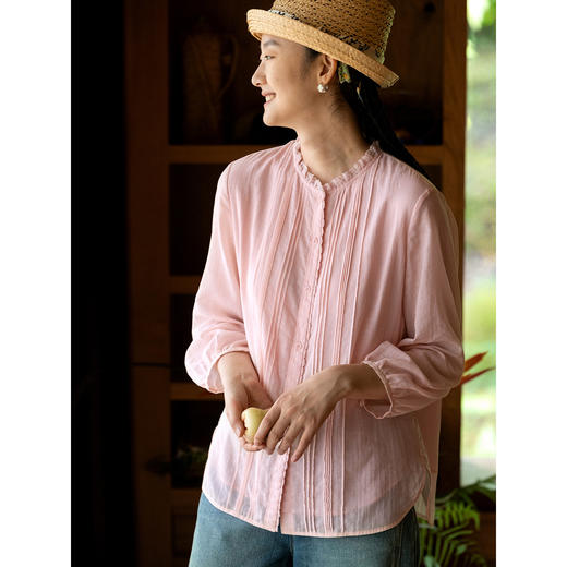 牧衣游原创 100支新疆长绒棉炒色打条衬衫七分袖文艺衬衣 川上织 商品图2