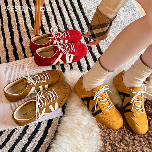 西遇好看复古德训鞋女2026春季新款时尚百搭方头撞色设计休闲板鞋P0066312 商品图3