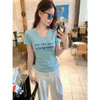 <曾小咸推荐>蓝绿色印花修身v领短袖t恤女 商品缩略图0