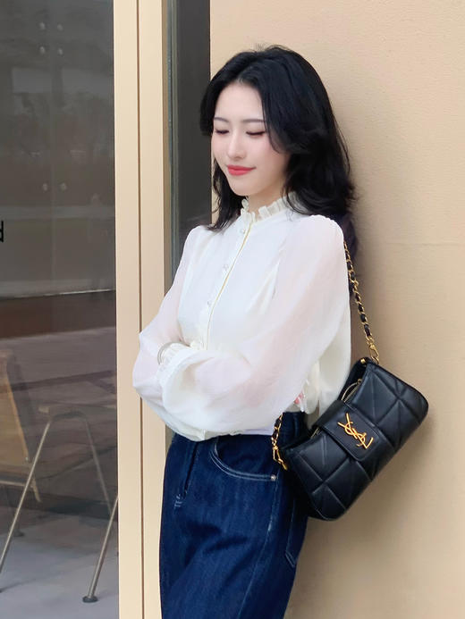 【百图定制】【白月光衬衫】木耳边衣领 设计感长袖花边立领 衬衫 商品图3