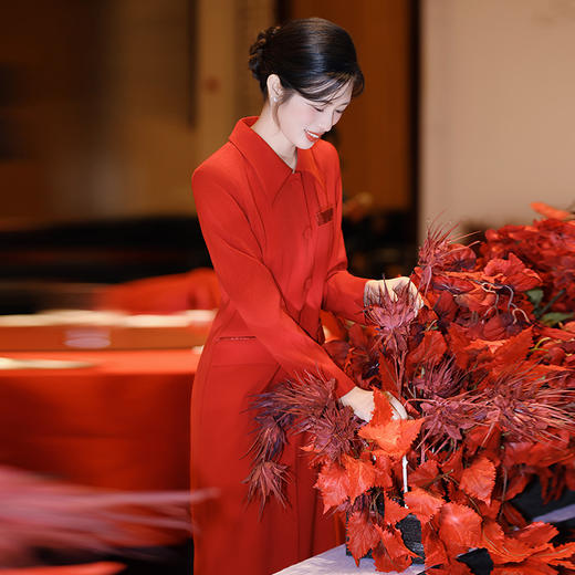 法小曼*子珍扶摇系列醋酸西装连衣裙女红色中国风年会礼服长款大红色裙子秋冬 FYQ566 商品图4