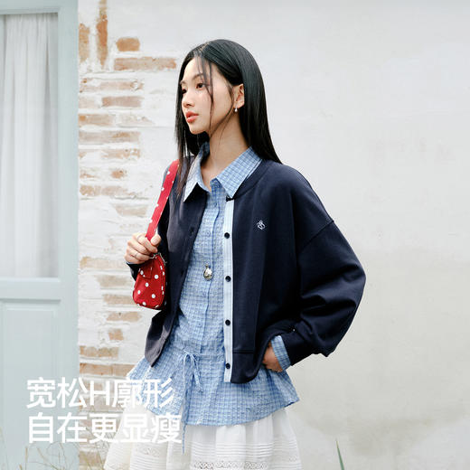 森马外套女春短款圆领拼接条纹宽松落肩刺绣内搭2026新款叠穿夹克 商品图2