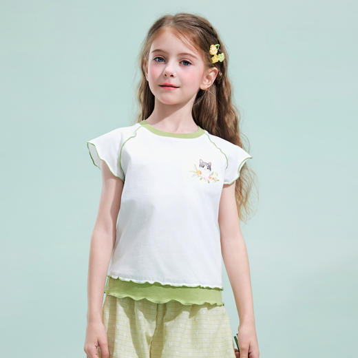 笛莎/Deesha 【观山见】2026年夏季新款女童中大童国风绣花撞色拼接短袖T恤 商品图2