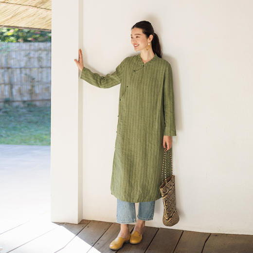 特绽放125朵/岁月静好*色织亚麻条纹新中式立领斜襟七分袖连衣裙 商品图3