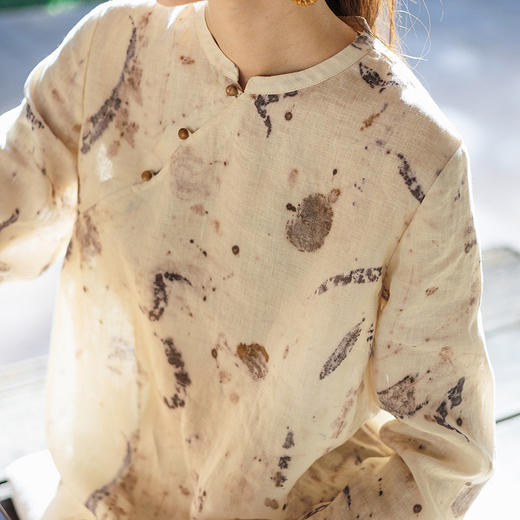 绽放155朵/亚麻数码印花新中式立领斜襟长袖连衣裙女阔感文艺长裙 商品图2