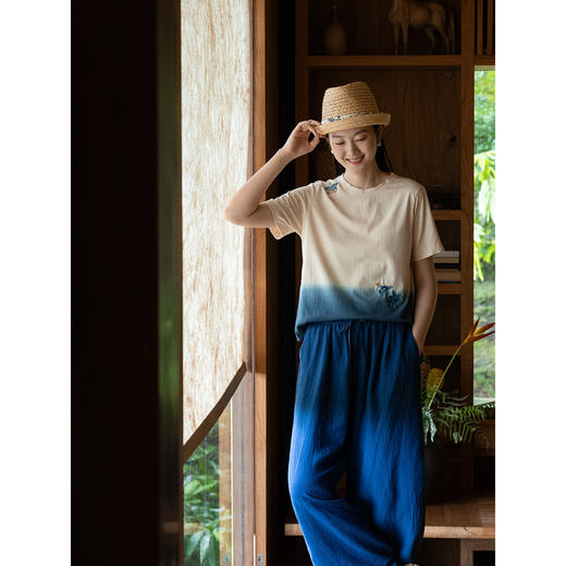 牧衣游原创 手工刺绣吊染T恤女新款舒适宽松休闲百搭短袖 山鸟作 商品图1