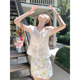 <曾小咸推荐> 法式荷叶边白色短袖衬衫上衣【预售款，预计3-15天！！】