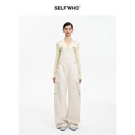 SELFWHO棉混纺卡其色可调节背带牛仔连体裤2026季新款宽松弯刀裤