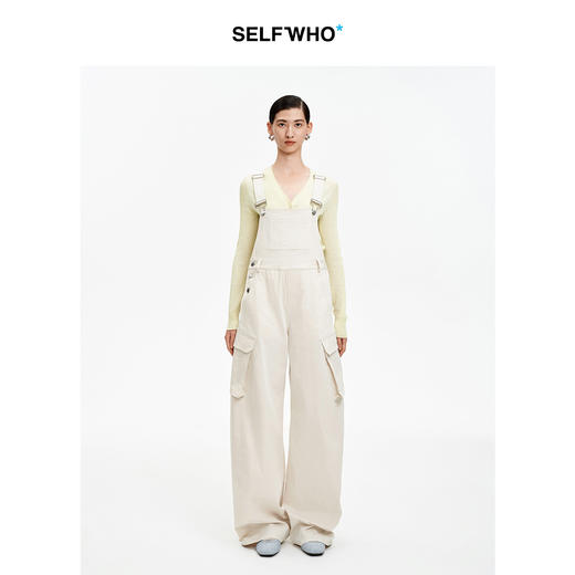 SELFWHO棉混纺卡其色可调节背带牛仔连体裤2026季新款宽松弯刀裤 商品图0