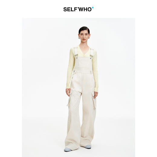 SELFWHO棉混纺卡其色可调节背带牛仔连体裤2026季新款宽松弯刀裤 商品图2