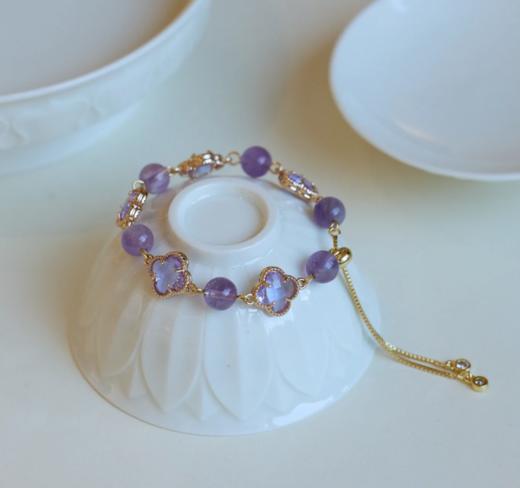 【四叶草猫眼手串手镯系列】粉水晶四叶草猫眼石 紫水晶手链串珠女轻奢高级感手串手饰手镯 商品图7