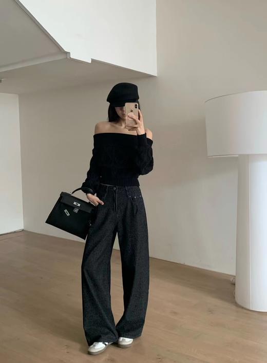 F030680做旧黑灰色高腰设计豹纹慵懒阔腿牛仔裤 商品图7