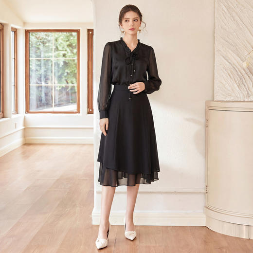 IWY/黑色灯笼袖花边领衬衫半裙两件套女收腰显瘦套装时尚新款25B757+25S777 商品图2