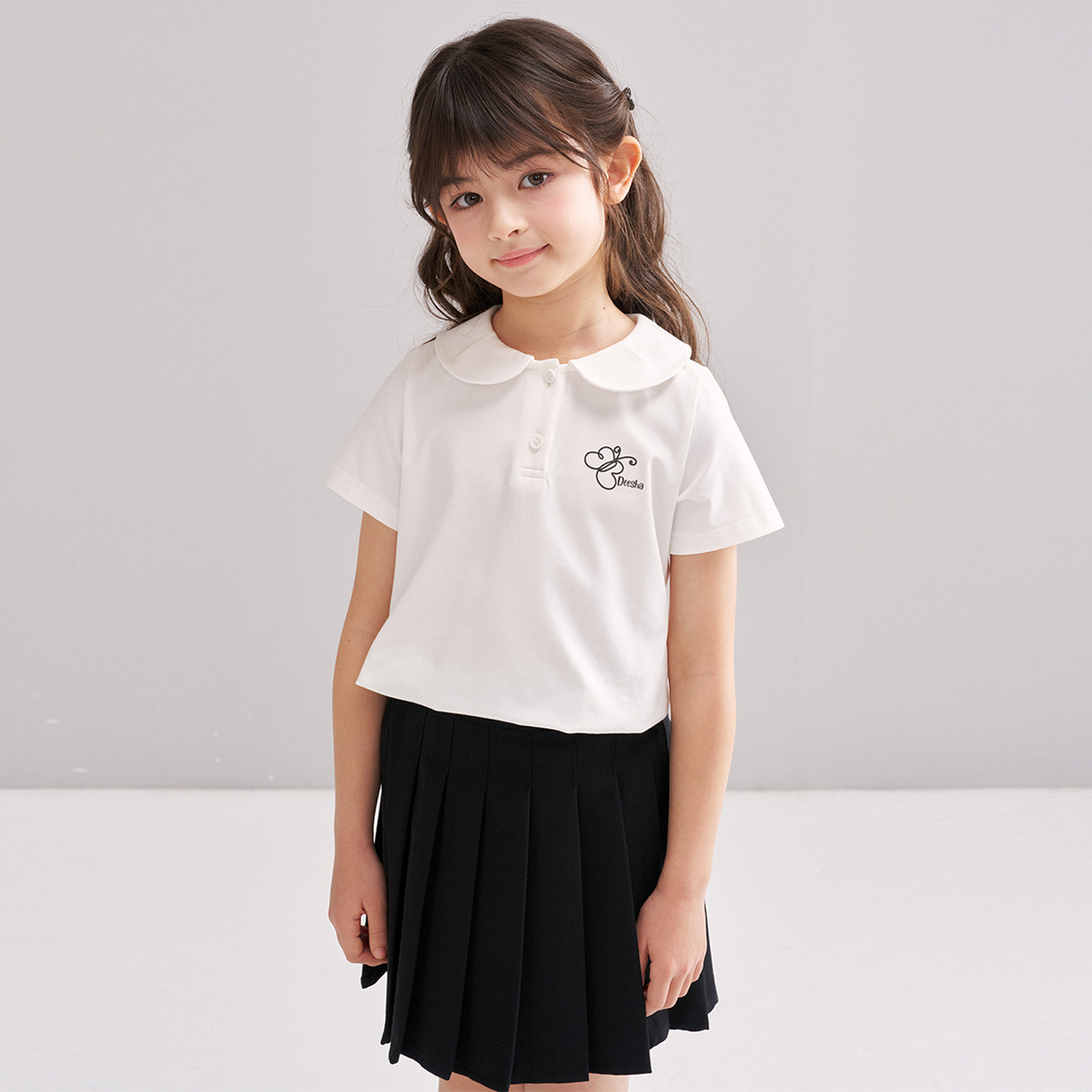 笛莎/Deesha 【松饼熊】2026年夏季新款女童甜美学院风娃娃领短袖T恤